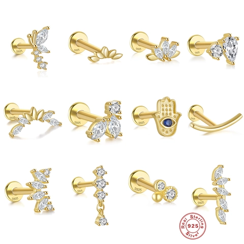 925 Sterling Silver Cartilage Earring Stud Marquise Zircon Flat Back Threaded Piercing Jewelry For Women