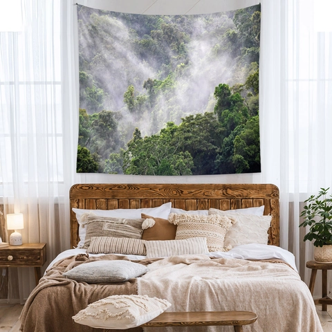 Forest Landscape Tapestry Nature Scenery Misty Woodland Wall Hanging Polyester Fabric For Bedroom Living Room Decor