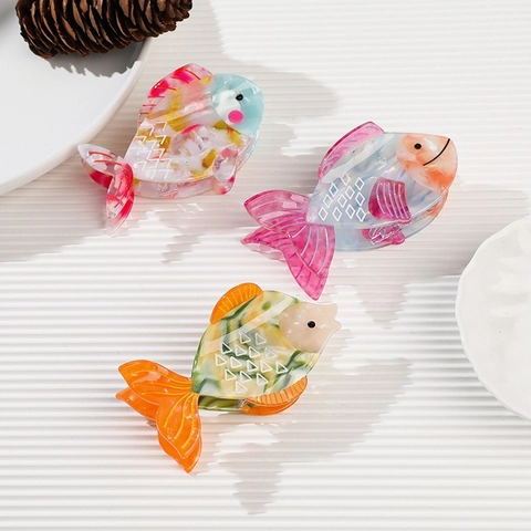 Pince À Cheveux Poisson Rouge Acétate Forme Poisson Tropical Coloré Pour Femmes Motif Marbre Dégradé Élégant
