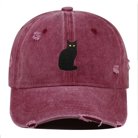 Casquette De Baseball Brodée Chat Noir Coton Lavé Distressed Ajustable Rétro Streetwear Chapeau De Soleil