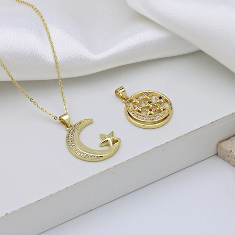 Mode Kupfer Gold Vergoldet Zirkonia Mond Stern Anhänger Halskette Für Damen Elegante Strass Eingelegte Kette Schmuck Geschenk