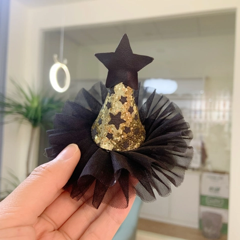 Fermaglio Per Capelli Mini Cappello Da Mago Halloween Con Motivo A Stelle Dorate E Tulle Nero Per Feste Cosplay