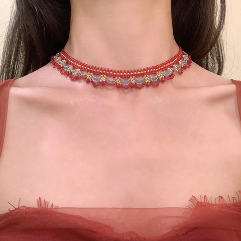 Collar Choker De Cristal Tejido A Mano Rojo Ancora Vintage Para Mujer Cadena De Clavícula Ajustable Diseño Bohemio