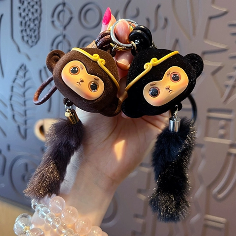 Mythical Monkey King Keychain Faux Fur Bag Charm With Gourd Tassel Leather Cord Car Key Ring Ornament Novelty
