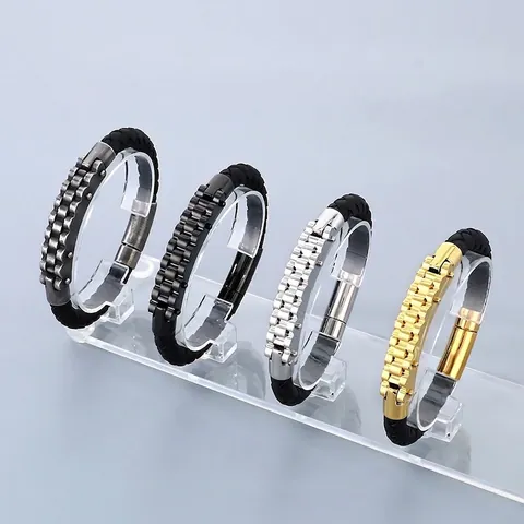 Men Braided Leather Bracelet With Stainless Steel Bicycle Chain Watch Band Style Mechanical Industrial Punk Jewelry