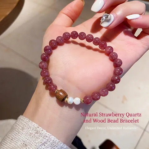 Elegant Natural Strawberry Quartz Freshwater Pearl Beaded Bracelet With Wood Bead Gold Spacers Vintage Zen Style For Women