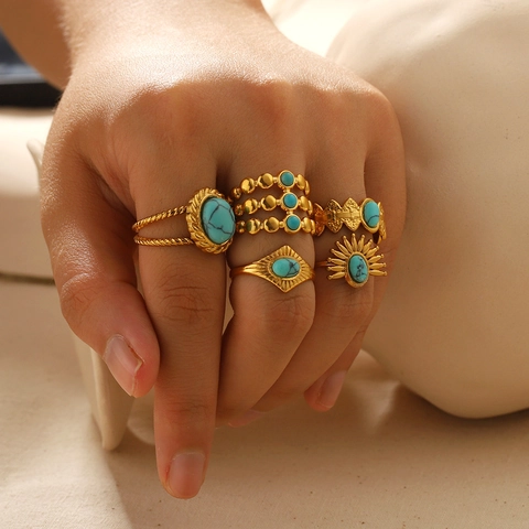 Böhmischer Türkis Ring Edelstahl 18K Vergoldet Vintage Geometrisches Band Für Frauen