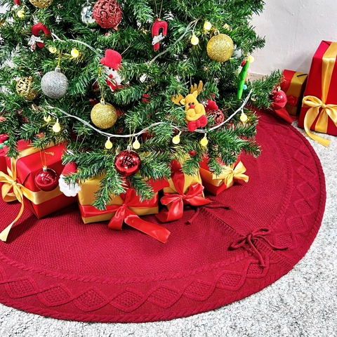 Jupe De Sapin De Noël Tricotée Motif Torsadé Couverture De Base Ronde Décoration De Fête Classique Polyester Doux