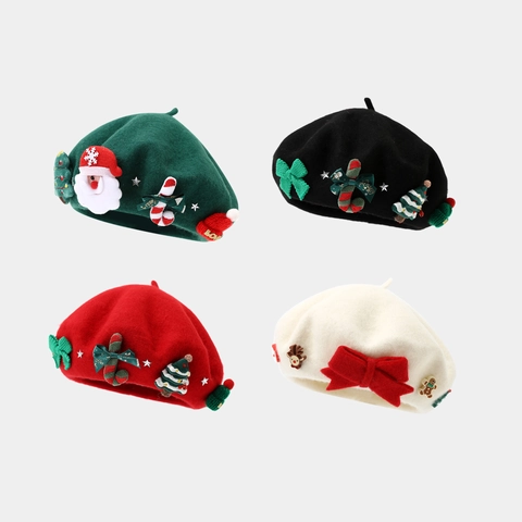 Christmas Beret Hat Wool Blend Warm Festive Artist Cap For Women With Santa Tree Bow Decorations
