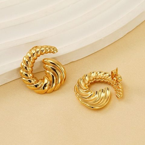 Croissant Stud Earrings 18K Gold Plated Stainless Steel Spiral Twisted Texture Vintage Fashion Jewelry For Women