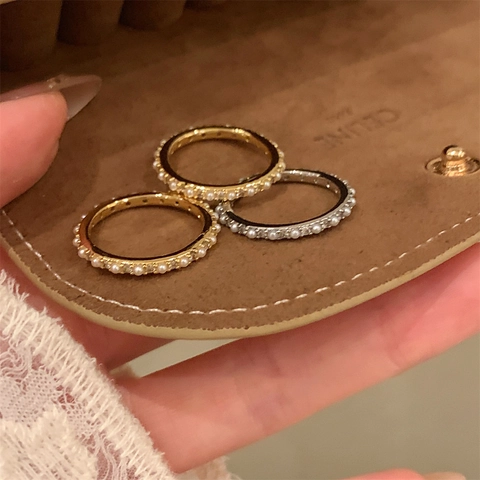 Artificial Pearl Zircon Ring For Women 14K Gold Plated Alloy Simple Stackable Index Finger Band Light Luxury Elegant Jewelry