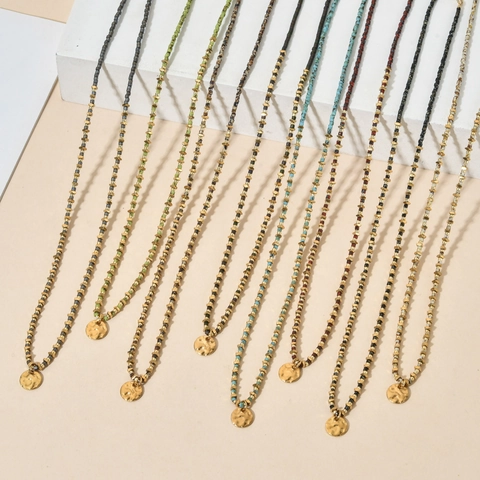 Stainless Steel Seed Bead Necklace With Hammered Round Pendant Bohemian Vintage Jewelry For Women Adjustable