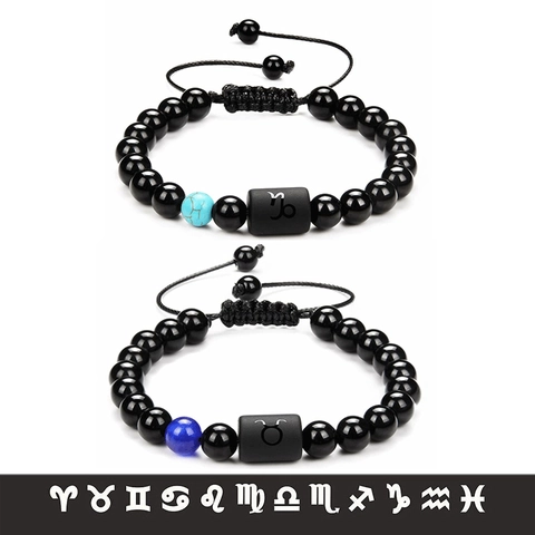 Zodiac Constellation Beaded Bracelet Obsidian Agate Tiger Eye Stone Adjustable Braided Rope Handmade Jewelry For Unisex