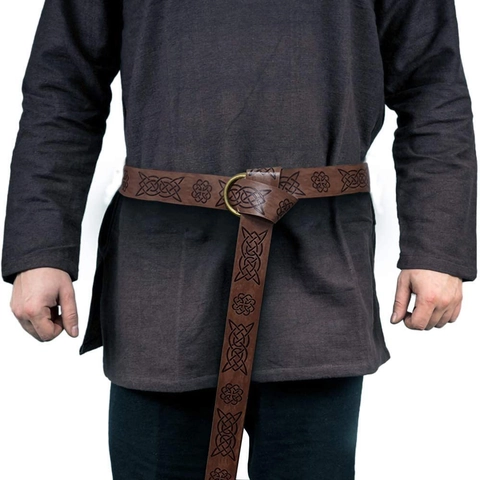 Medieval Renaissance Belt Faux Leather Celtic Knot Embossed O-Ring Viking Knight Cosplay Vintage Extra Long Accessory
