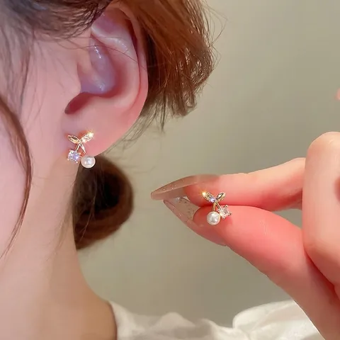 Cherry Stud Earrings Gold Plated Copper With Zircon And Artificial Pearl Plus Silver Earring Post Sweet Fruit Style For Women