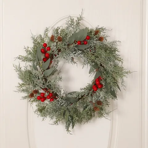 Christmas Wreath Artificial Frosted Pine Red Berry Pinecone Rattan Base Door Wall Hanging Garland Winter Holiday Decor