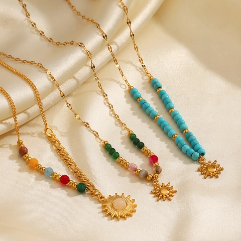 Bohemian Stainless Steel Sun Pendant Necklace With Colorful Turquoise Beads For Women Fashion Gold Jewelry Regular Chain
