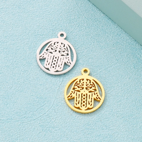 Colgante Mano De Hamsa Acero Inoxidable Redondo Hueco Charm Geométrico Para Fabricación De Joyas DIY Collar Pulsera