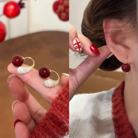 Pendientes De Gancho Con Perlas Artificiales Rojas Vintage Circonitas Bañado En Oro Gota De Agua Joyas Elegantes Para Mujer