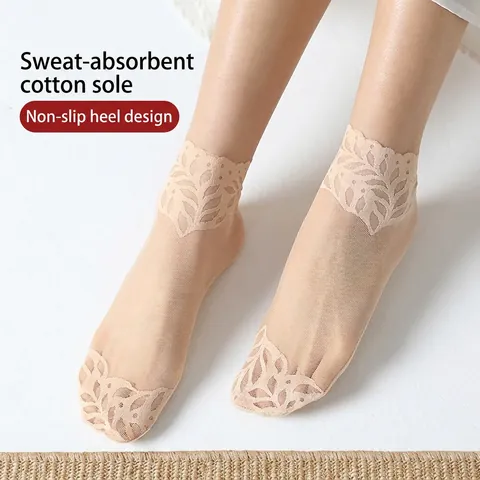 Women Cotton Sole Lace Invisible Boat Socks Breathable Mesh No Show Socks With Leaf Pattern For Summer Spring Casual