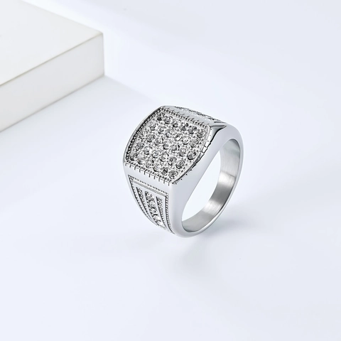 Men's Square Signet Ring Hip Hop Full Diamond Pavé Stainless Steel Polished 18K Gold Plated Jewelry Accessory