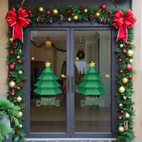 Pegatina Ventana Árbol Navidad PVC Estática Color Doble Cara Geométrica Decoración Cristal Puerta Tienda