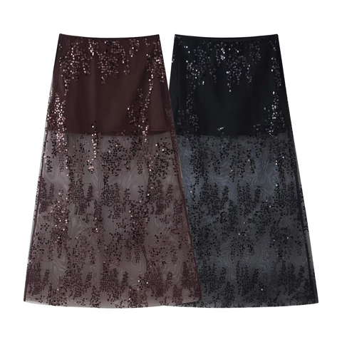 Gonna Midi a Vita Alta in Rete con Paillettes Elegante a Linea Doppia Patchwork Gonna da Festa per Donna Stile Pendolare