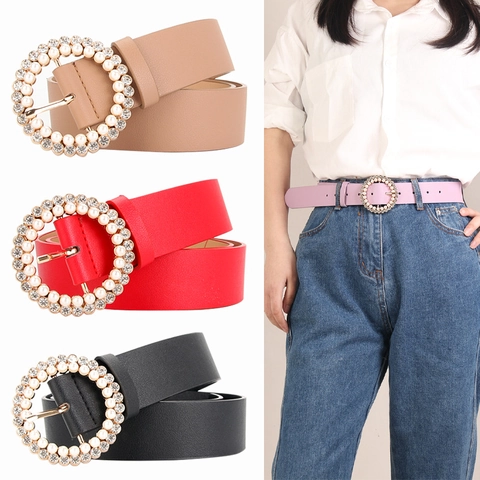 Women PU Leather Belt Fashion Sweet Decorative Artificial Pearl Rhinestone Round Buckle Waistband For Dress Jeans