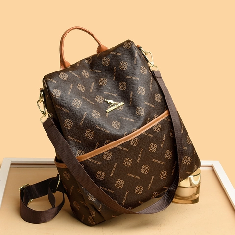 Mochila De Cuero PU Para Mujer Gran Capacidad Bolso De Viaje Monograma Estampado Textura Trenzada Mochila Casual