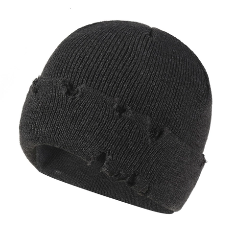 Distressed Knitted Beanie Acrylic Solid Color Broken Hole Ribbed Outdoor Winter Warm Streetwear Hip Hop Hat For Men Women