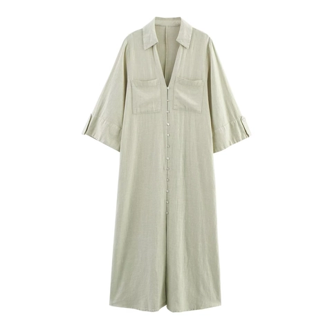 Maxi Shirt Dress Linen Blend Button Down Collared Long Sleeve With Pockets Solid Color Casual Elegant For Women