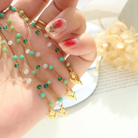 Collana Con Pendente A Tulipano Acciaio Inossidabile Placcato Oro 18K Con Perle Di Cristallo Verde Bianco Gioielli Eleganti