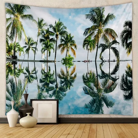 Wandteppich Polyester Tropische Palmen Reflexion Hängende Deko Ästhetische Landschaft Hintergrund Für Schlafzimmer Wohnzimmer