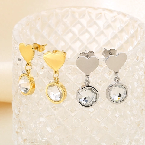 Pendientes Colgantes De Acero Inoxidable Con Corazón Y Cristal Facetado Redondo Para Mujer Joyería Elegante