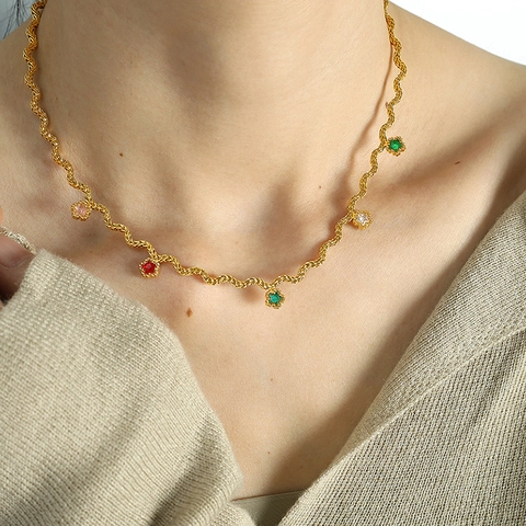 Colorful Zircon Necklace With Heart Square Flower Pendants Copper Stainless Steel Wave Rope Chain French Retro Women
