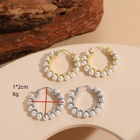 Women Elegant Copper Plated Gold Silver Hoop Earrings With White Artificial Pearl Beaded Minimalist Jewelry Accessories
