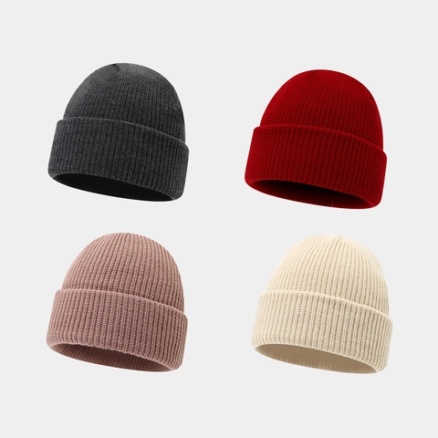 Unisex Ribbed Knitted Beanie Hat Acrylic Thickened Warm Winter Skull Cap Vintage Cuffed Soft Solid Color Accessory