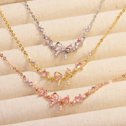 Elegante Collar Con Colgante De Lazo Con Circón Piedra De Corazón Rosa Cadena De Cobre Joyería De Estilo Lujo Para Mujer