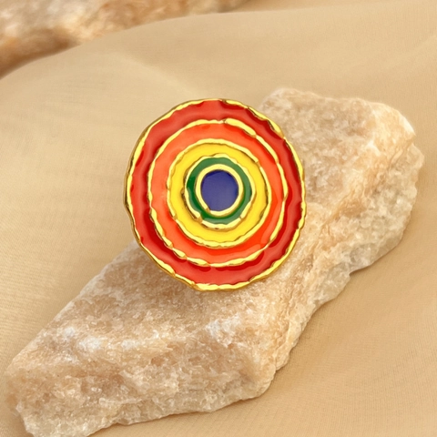 Vintage Roestvrij Staal Verguld Regenboog Emaille Open Ring Dames Heren Veelkleurige Concentrische Cirkels Verstelbare Sieraden Ring