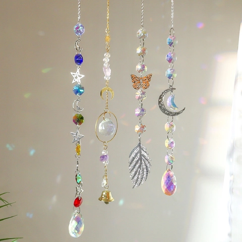 Crystal Suncatchers Hanging Prisms Rainbow Maker With Metal Moon Star Butterfly Feather Bell For Window Garden Indoor Decor