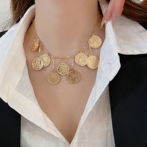 Vintage Münzanhänger Halskette Französische Medaillon Legierung Verstellbare Kette Multi-Anhänger Retro Schmuck Für Damen