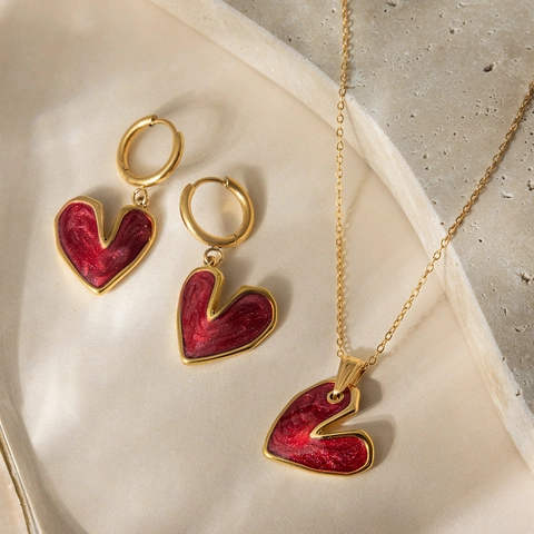 18K Vergoldetes Edelstahl Rotes Herz Schmuckset Für Damen Vintage Rote Emaille Herz Halskette Und Ohrringe Schmuck Zubehör