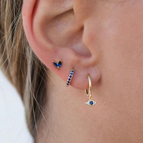 Collezione di Orecchini Malocchio in Oro Zirconia con Perno in Argento Sterling 925 Orecchini Geometrici con Pietre Blu da Donna