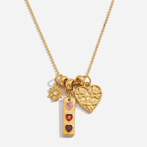 18K Gold Plated 316L Stainless Steel Heart Daisy Pendant Necklace For Women Sweet Floral Rhinestone Bar Charm Jewelry Gift