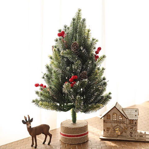 Mini Albero Di Natale Artificiale Decorazione Da Tavolo Bacche Rosse Pigne Base In Juta Ornamento Festivo Per La Casa