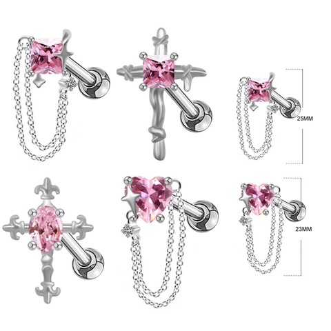 Stainless Steel Cross Heart Zirconia Cartilage Stud Earrings For Women Men Punk Sweet Cool Tassel Chain Piercing Jewelry