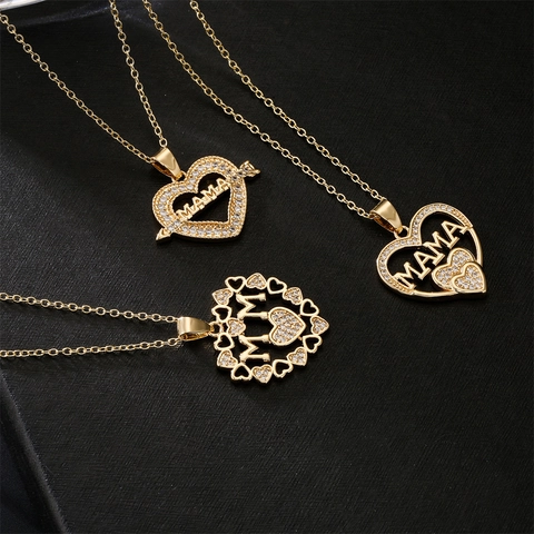 Heart Pendant Necklace Copper Gold Plated Cubic Zirconia MAMA MOM Letter Mother Jewelry Gift
