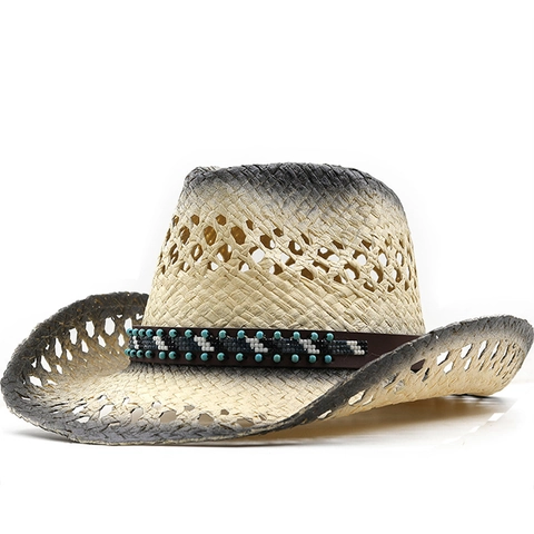 Cappello Da Cowboy In Paglia Western Vintage Distressed Cavo Traspirante Perline Tesa Larga Spiaggia Protezione Solare Unisex