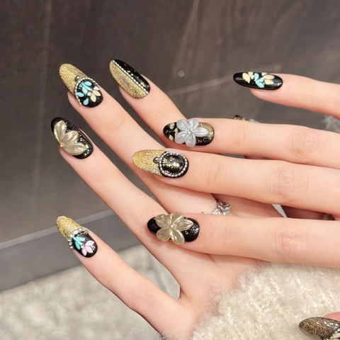 Handmade Press On Nails Black Gold Floral Butterfly Artificial Pearl Rhinestone Luxury Almond Shaped French Style For Women
