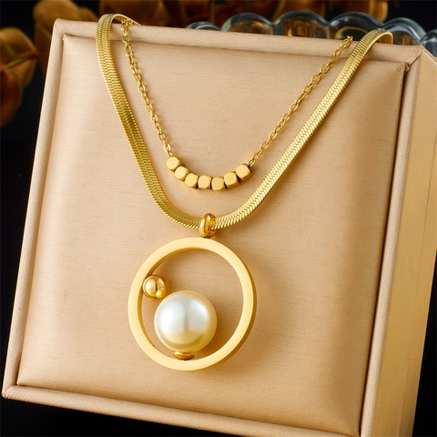 Eleganter Vergoldeter Edelstahl Schmuck Mehrlagige Schlangenkette Halskette Rund Künstliche Perle Ohrring Und Ring Für Damen